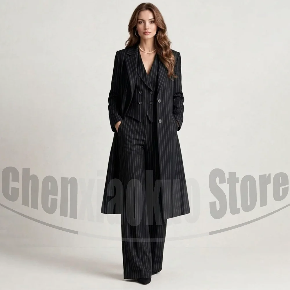 Fashion Women Striped 3 Piece Pants Suit Long Coat Blazer Vest And Wide Leg Trousers Formal Smart Casual Wedding Party Tuxedo