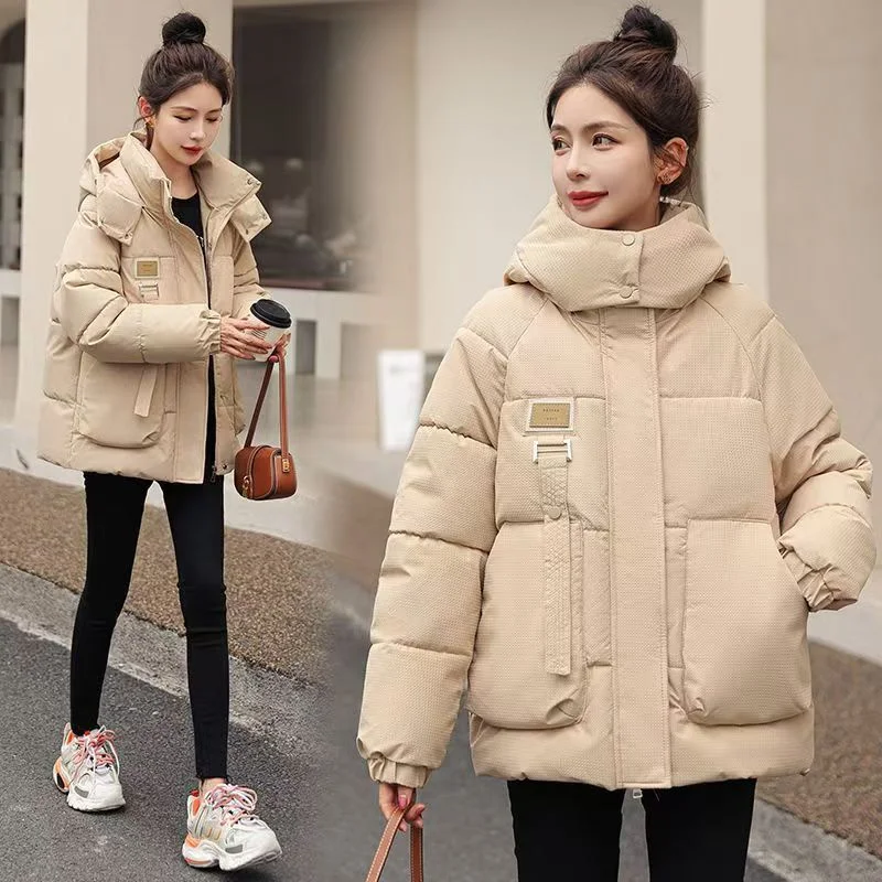 2024 Autumn Winter New Fashion Western Style Cotton-padded Jacket Stand Collar Hooded Loose Joker Cold Casual Cotton-padded Coat