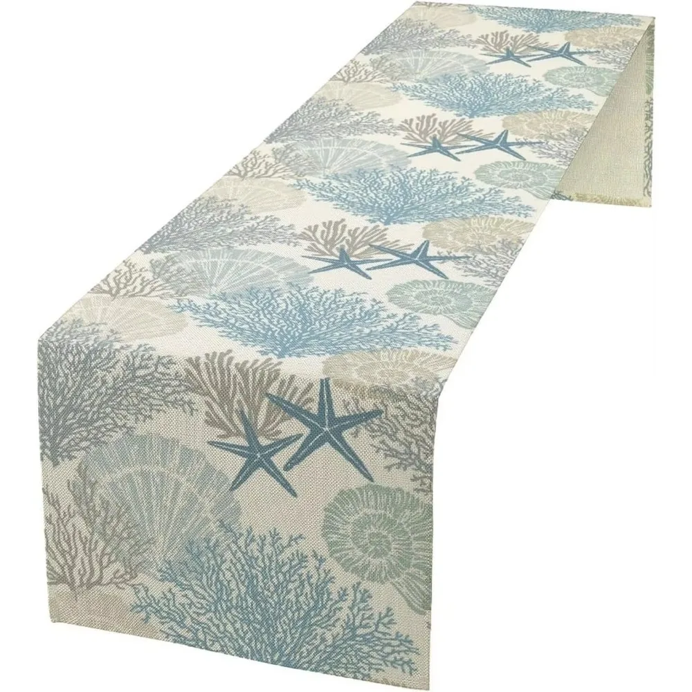 Coastal Beach Starfish Table Runner - Summer Ocean Sea Shells Decorative Table Cover for Kitchen and Dining Room