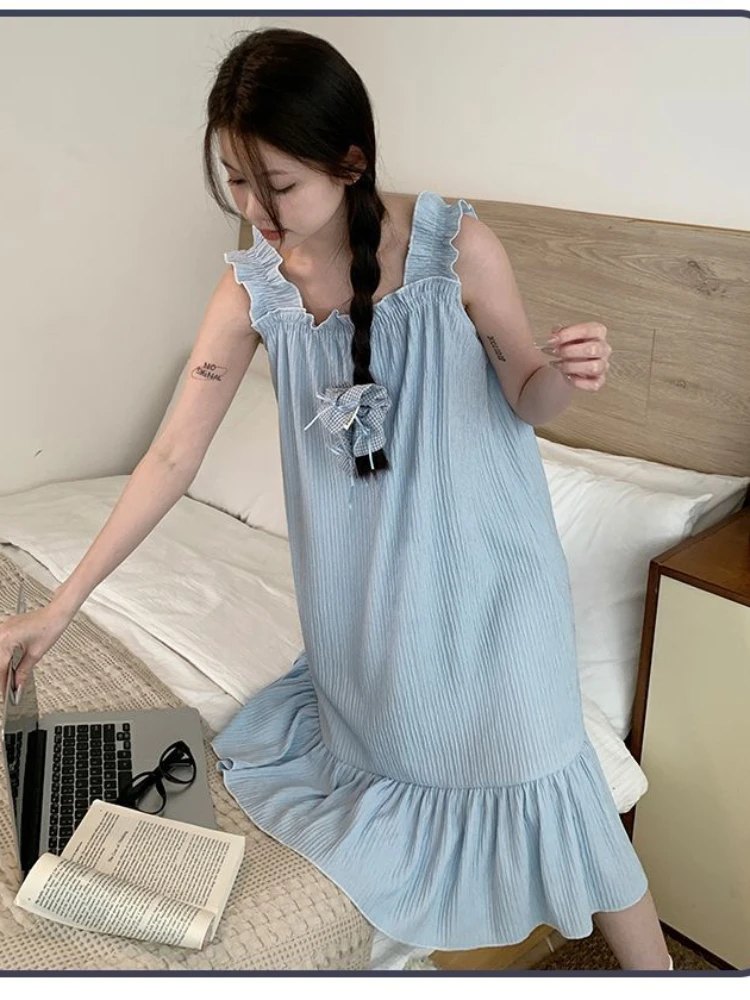المرأة الحلو كشكش السباغيتي حزام ثوب النوم مطوي الملمس فضفاض سوينغ ماكسي فستان النوم لطيف ملابس غير رسمية الربيع الصيف