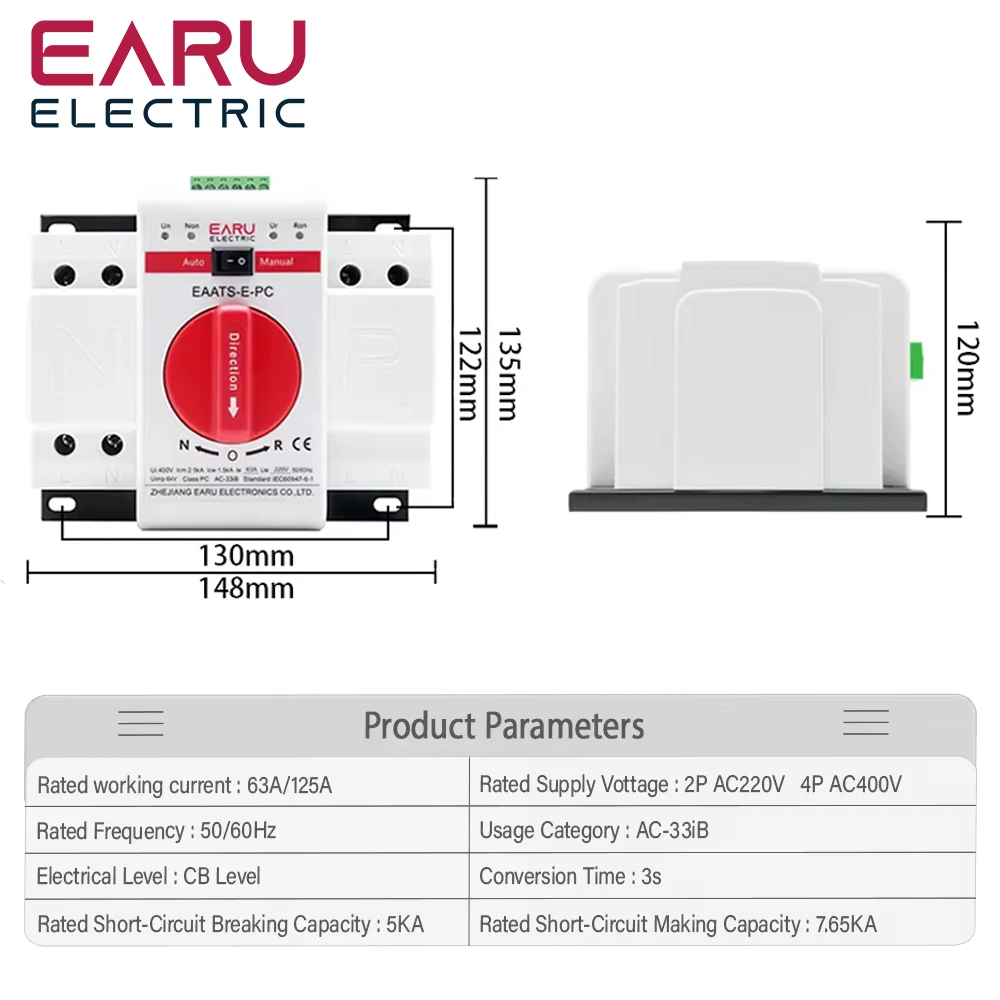 2P 63A 125A ATS PV Dual Power Automatic Transfer Switch AC230V 400V 50 60Hz Type MCB Auto Manual Sal Switches Circuit Breaker