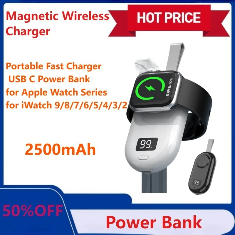 

New 2500mAh USB C Power Bank Portable Fast Charger Magnetic Wireless Charger for Apple Watch Series for iWatch 9/8/7/6/5/4/3/2