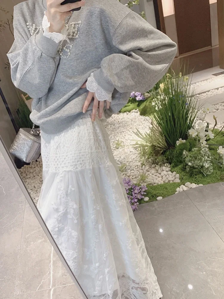 الكورية Sle الدانتيل المرقعة ألف خط تنورة مريحة بسيطة عارضة المرأة تنورة تخفيف تصميم الإحساس f طول تنورة #1