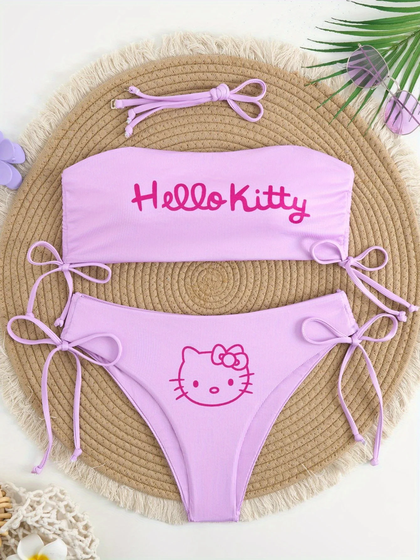 

Комплект бикини Hello Kitty светло-фиолетового цвета для женщин, с завязками сбоку, в рубчик, для летнего пляжного отдыха