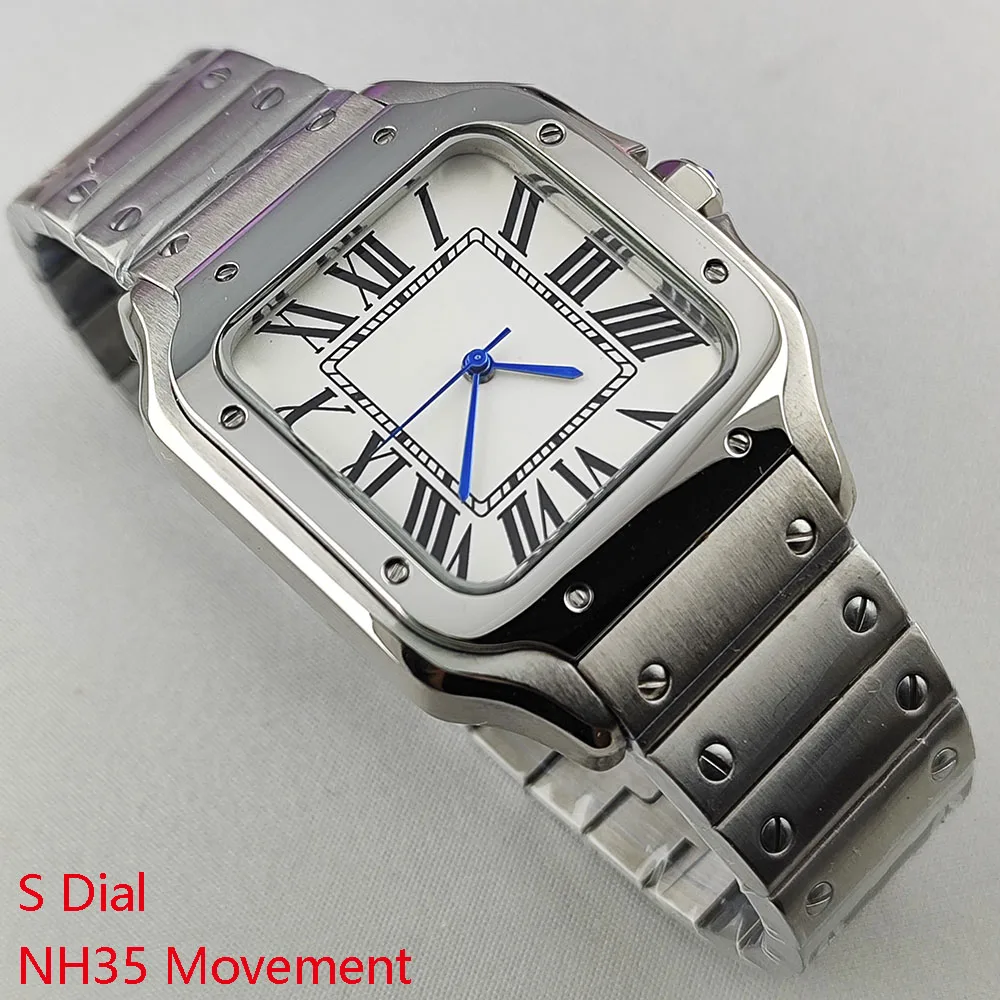 NH35 Watch Square Case Men\'s Watch Folding Buckle Roman S Dial Stainless Steel Mechanical Watch Suitable for NH35 Movement