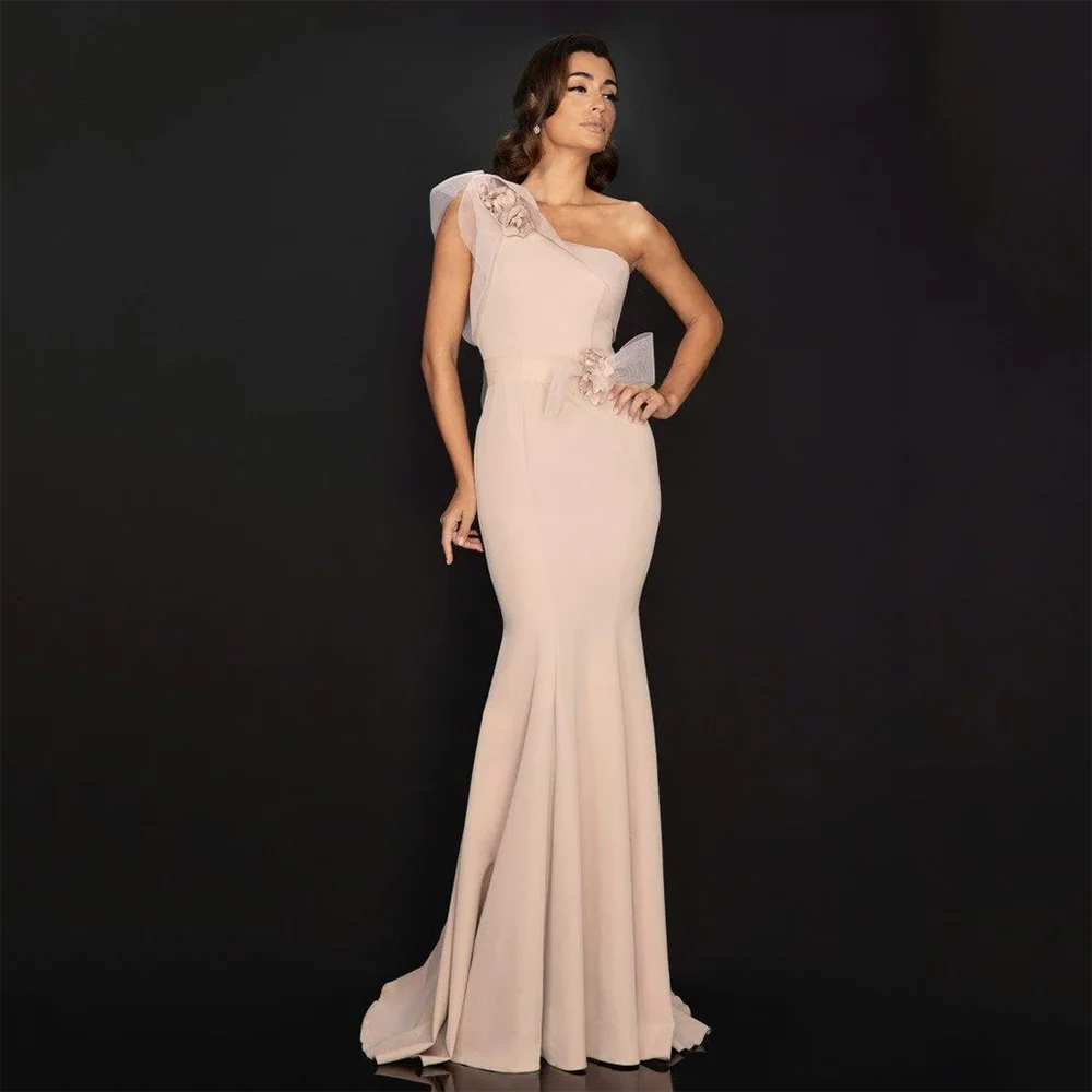 

Fashion One Shoulder Evening Dresse Sleeveless Backless Prom Gwons with Flower Customized Ruffle Mermaid Sweep Train Party Dress