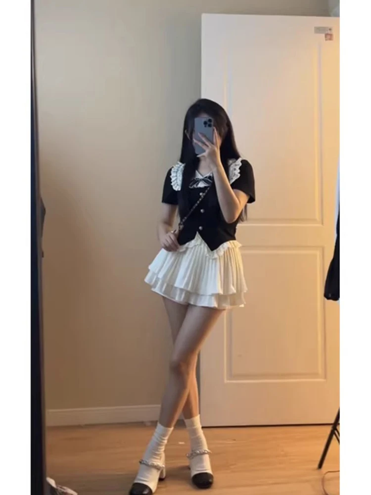 Conjunto de duas peças estilo universitário japonês, gola de boneca, meia saia, moda verão fena, manga curta, botão