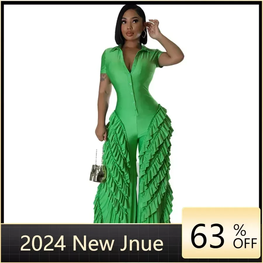 

African Clothes for Women Summer Sexy Africa Short Sleeve V-neck Polyester Solid Color Party Evening Long Jumpsuit S-2XL Outfits