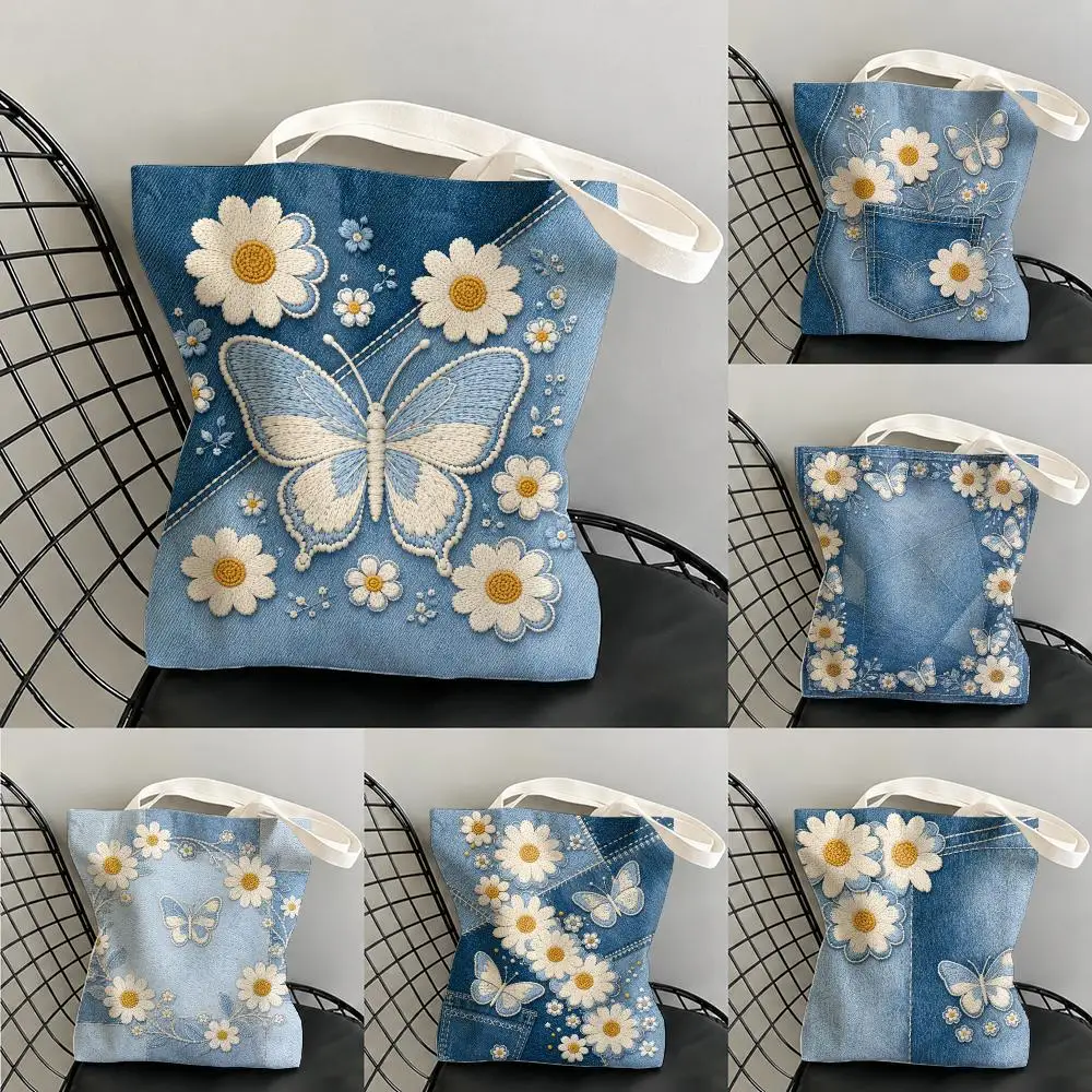 Denim Butterfly Daisy Storage Bags Large Capacity Canvas Tote Bag Double-Sided Print Shoulder Handbag for Daily Shopping