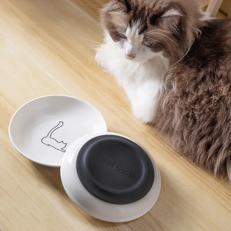 Ceramic Cat Plates with Silicone Anti Slip Pad Pet Bowl Snack Can Container