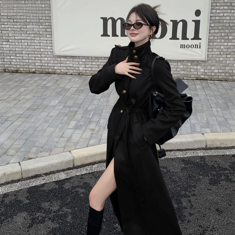 معطف كوري أنيق من جلد البولي يوريثان باللون الأسود سترات نسائية طويلة غير رسمية لسائقي الدراجات النارية Y2k ملابس خروج نسائية عتيقة ملابس الخريف #3