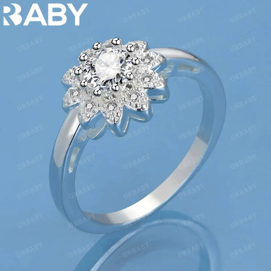 

URBABY 925 Sterling Silver Size7-10 Zircons Flower Ring For Women Fashion Jewelry Vintage Grace Charm Noble Party Birthday Gifts