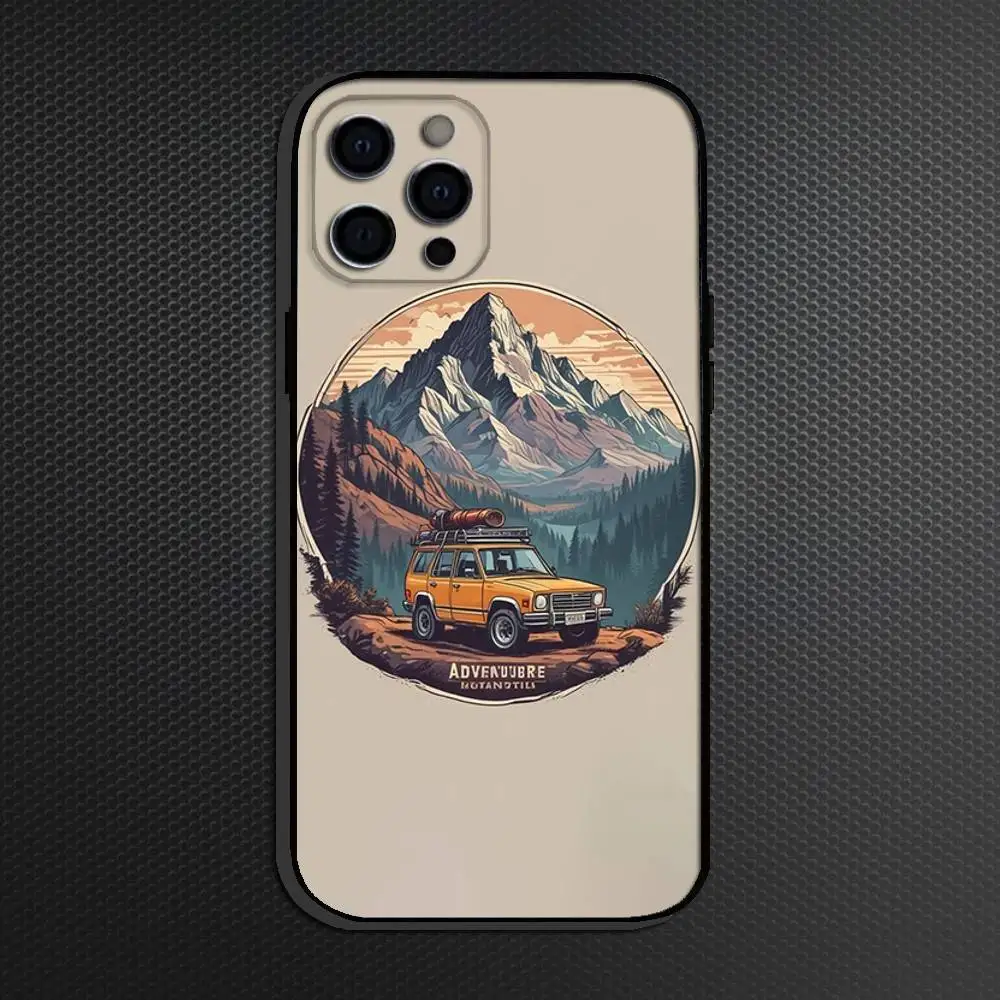 Nature Outdoor キャンプ用iPhoneケース iPhone 16,15,14,13,12,11 Plus,Pro Max,その他対応 ソフトブラックカバー