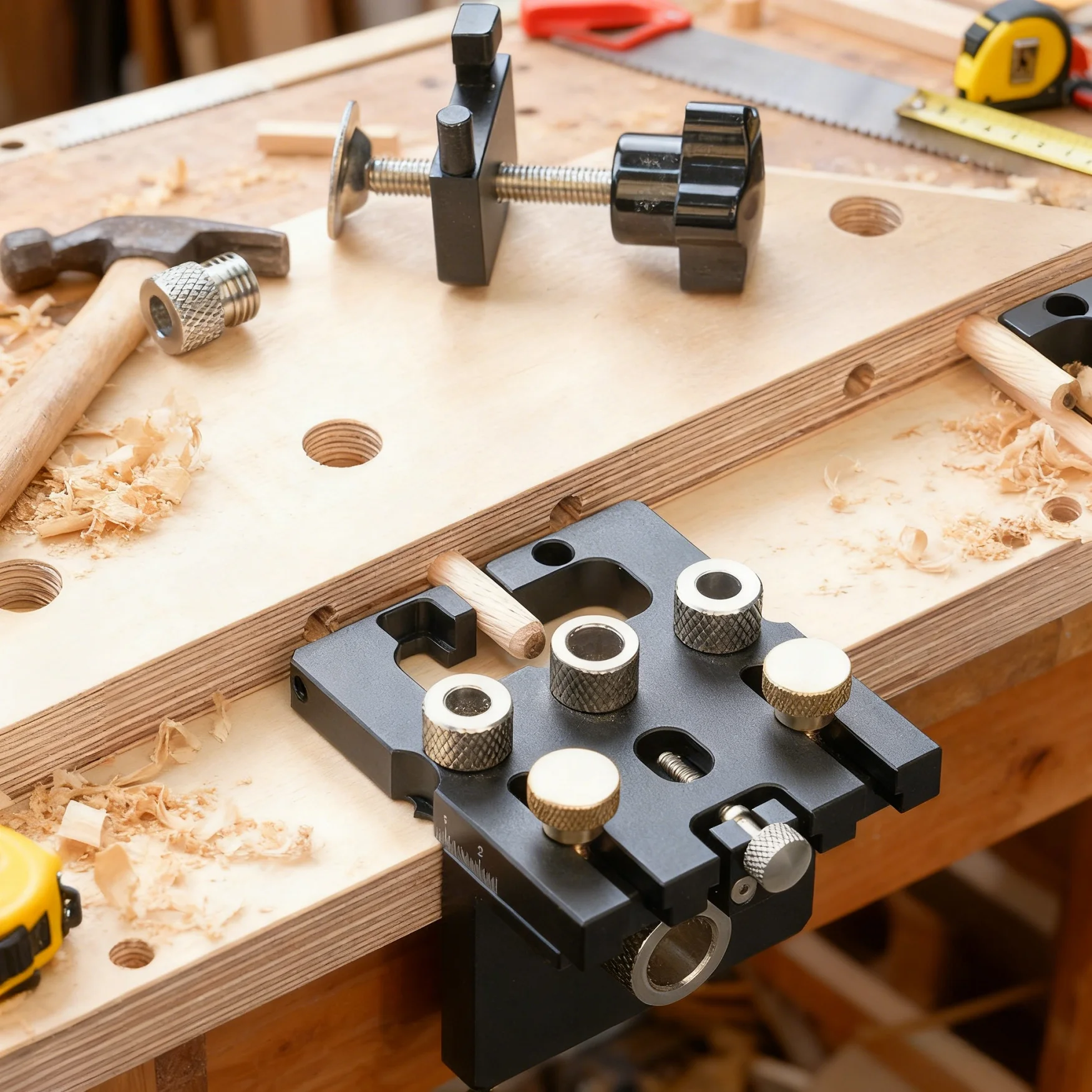 Combinatorial 3 In 1 Dowelling Jig Kit, Plate Type Adjustable Pocket Hole Jig Carpentry Drilling Guide Tenoning Puncher Locator