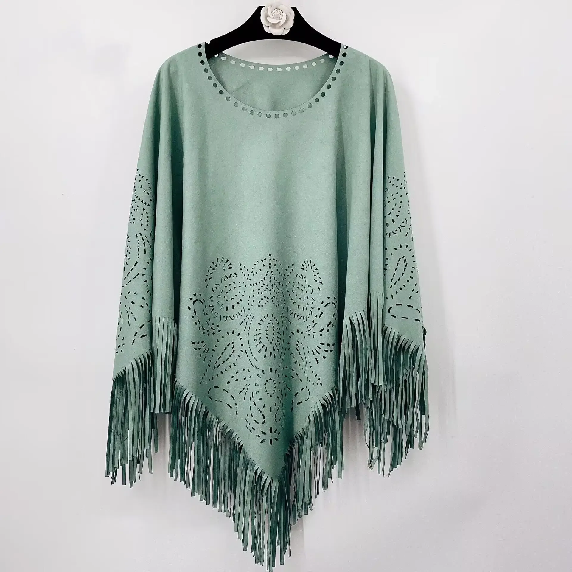 

Autumn Winter Womens Suede Shawl Cape Fringe Hollow Scarf