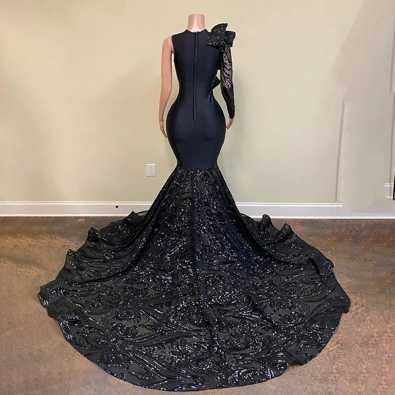 Sequin Long Mermaid Prom Dresses 2024 Black Girl Luxury Ruffles Sleeve African Formal Gala Gown for Wedding Party Customized