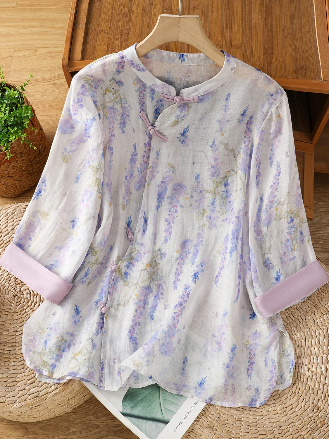 

New Chinese Sle Cotton Linen irt Women's Large Size Slanting Button Stand Collar Seven Sve Zen Tea Costume