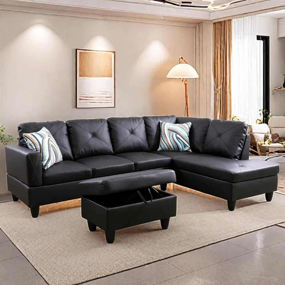 L Shaped Sectional Couches, Modern Convertible Lounge Leather Sofa with Ottoman Storage, Comfy Modular Sectional Sofa for Living