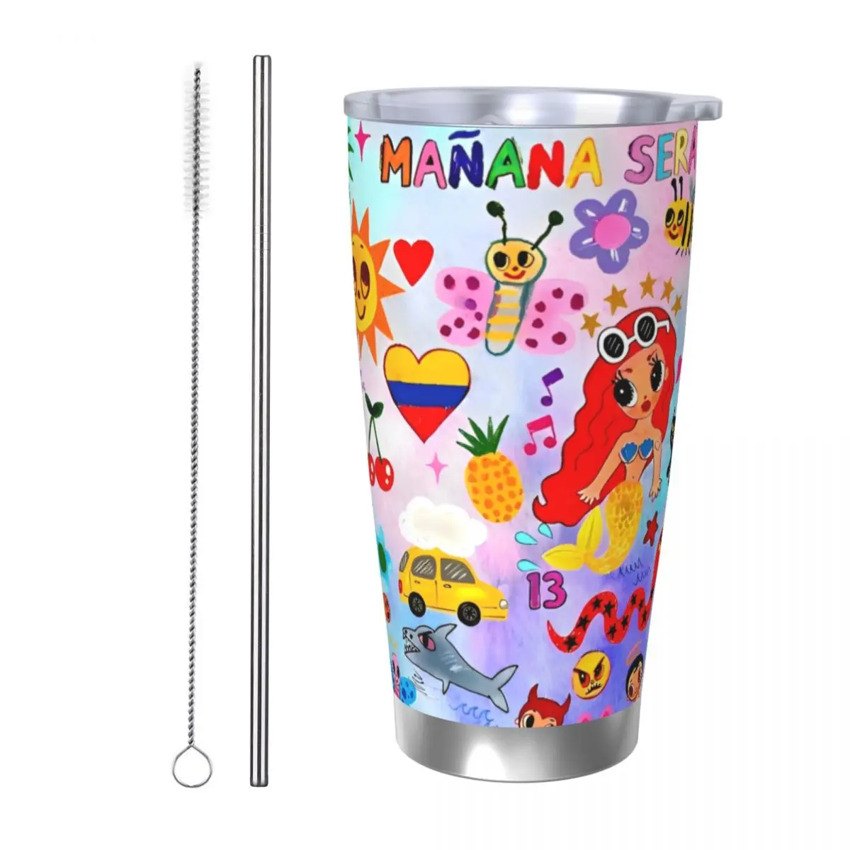 Karol G Manana Sera Bonito Cartoon Insulated Tumbler with Straws Lid Vacuum Coffee Mugs Double Wall Thermos Bottle Cup, 20oz