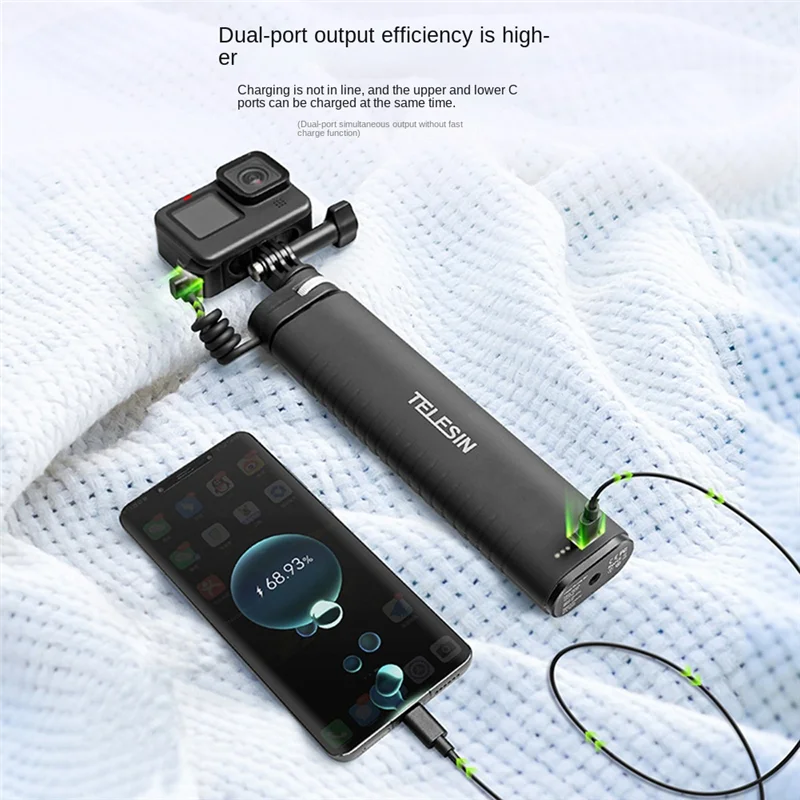 TELESIN Charging Selfie Stick 10000Mah Power Bank Universal for Gopro Insta360 Action Sports Camera for Smart Phone