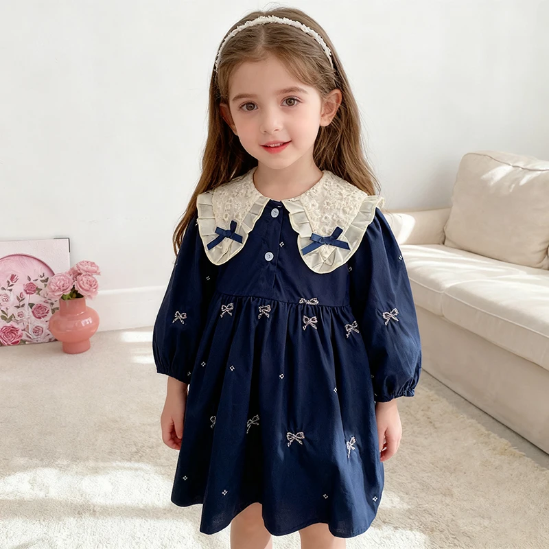 2023 neue Herbst 2-6Yrs Mädchen Party Kleid Bogen Kleid Baby Mädchen Strampler Frühling Lange Ärmeln Baumwolle Stickerei Kinder Prinzessin kleider