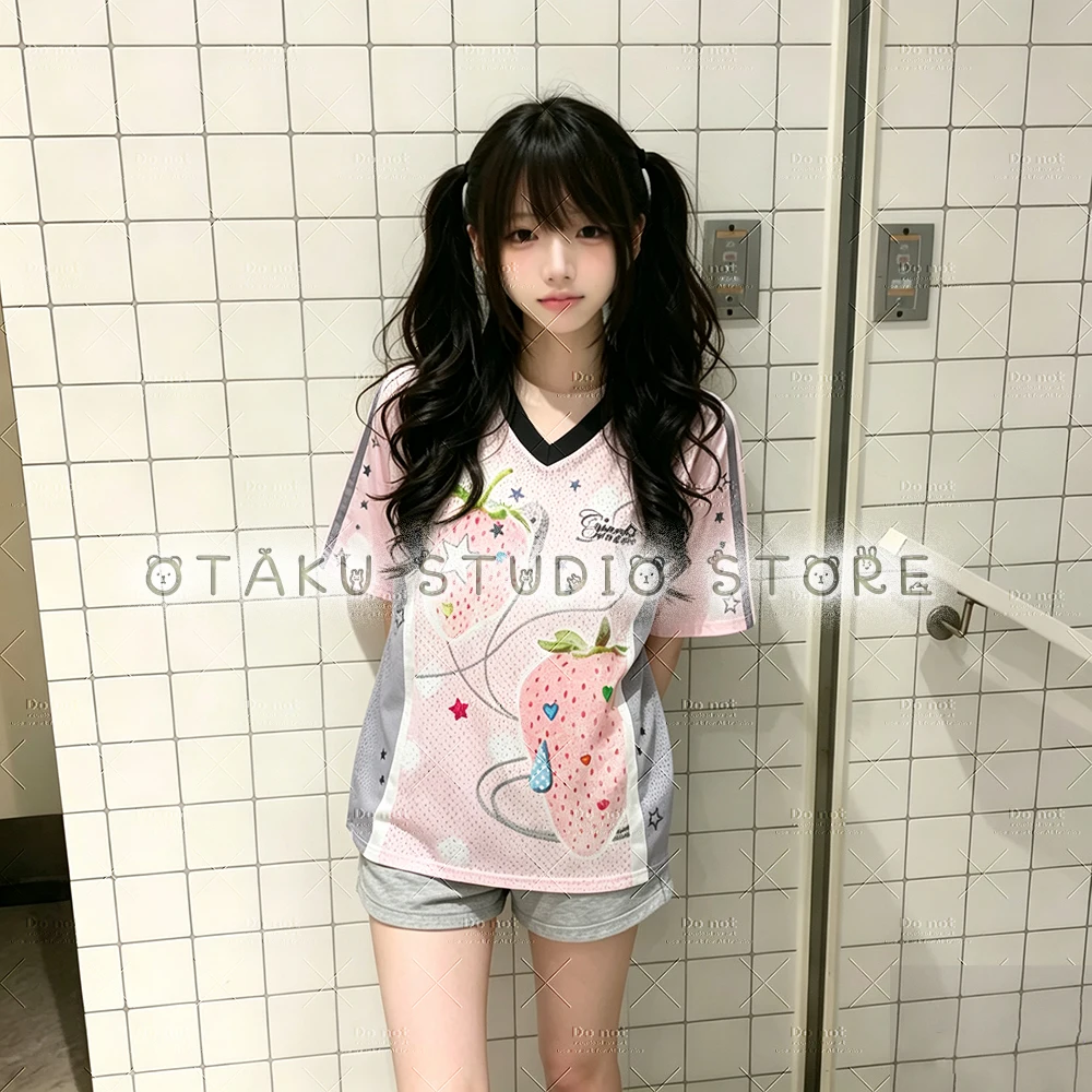 Oversized Mesh V-neck Jersey Tee Unisex Moé Nijigen Sweet Strawberry Graphic Y2K Harajuku Egirl Aesthetic Pastel Pink Color Bloc