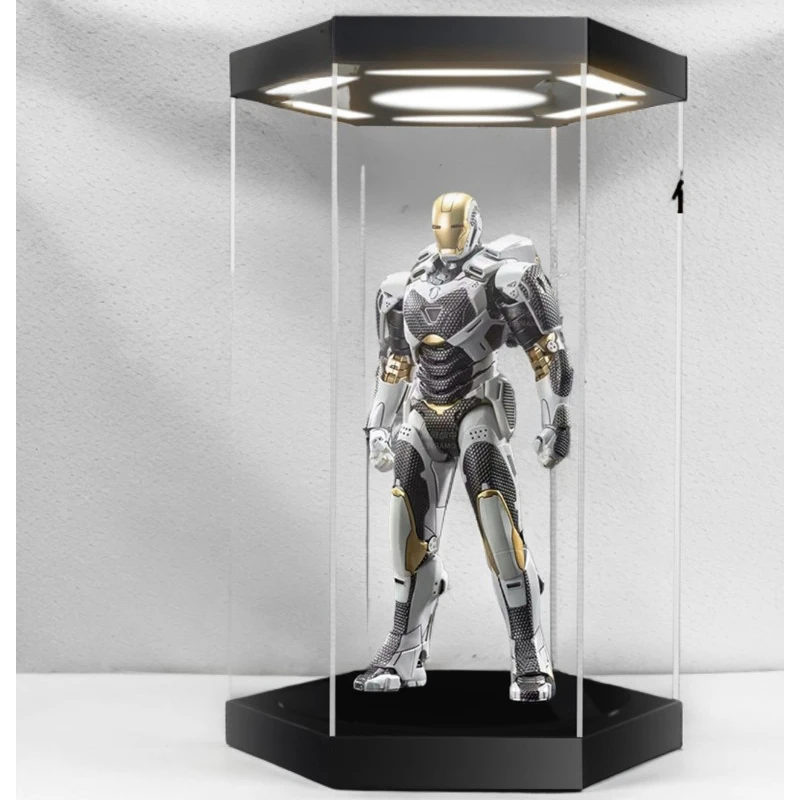Fully Enclosed Dust Proof Hexagonal Assembly Rotating LED Die-cast Display Case HT Large Size Soldier Character Collectible