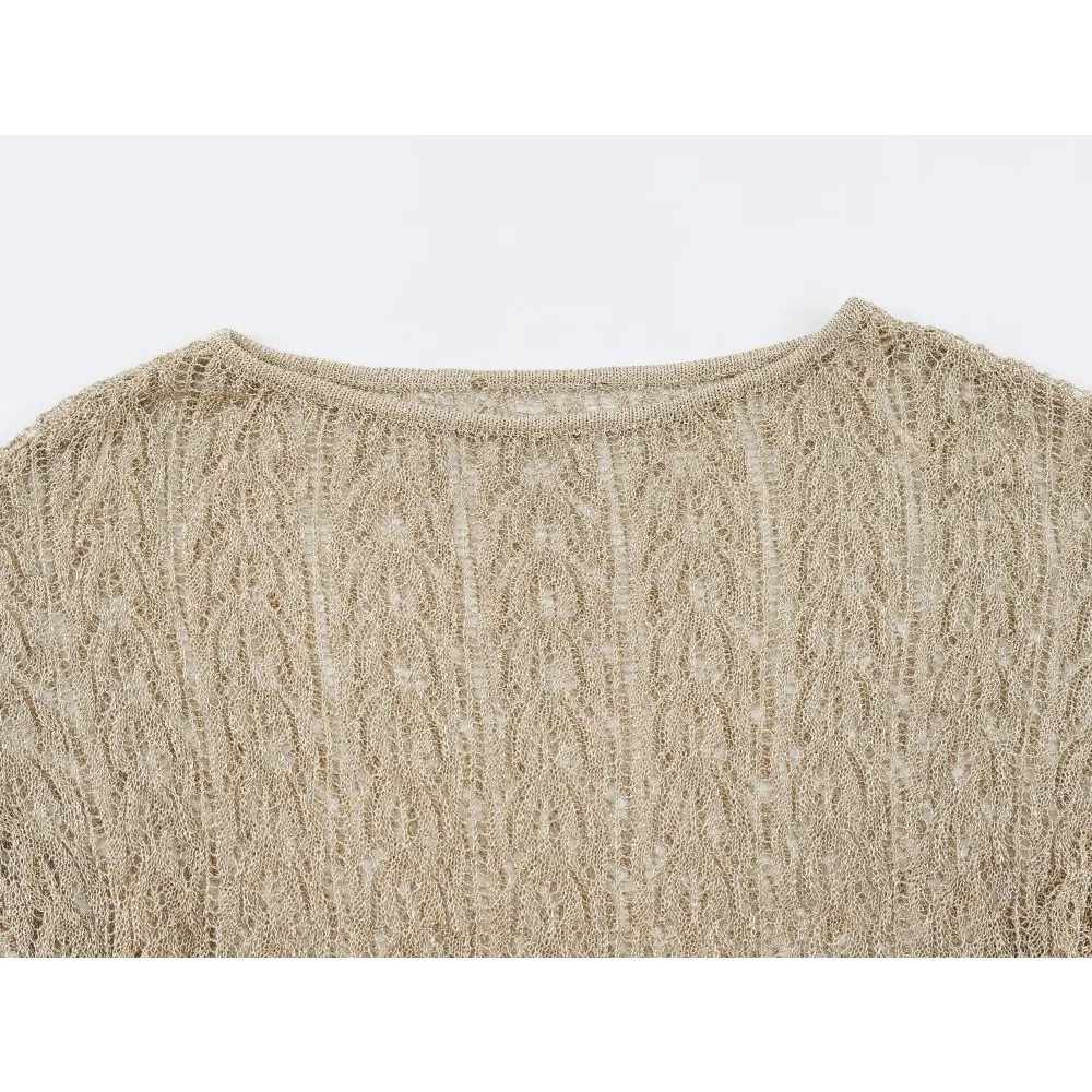 Elegant Fashion Women Metallic Thread Knit Tops with Belt New in Summer Gold Boat Neck and Below-the-elbow Sleeve Open-knit Tops