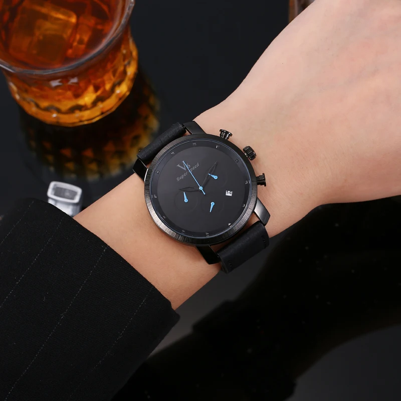 Relógio de quartzo personalizado masculino, display analógico, marrom, preto, pulseira de couro, relógio de pulso masculino, data, moda casual, V6, L176