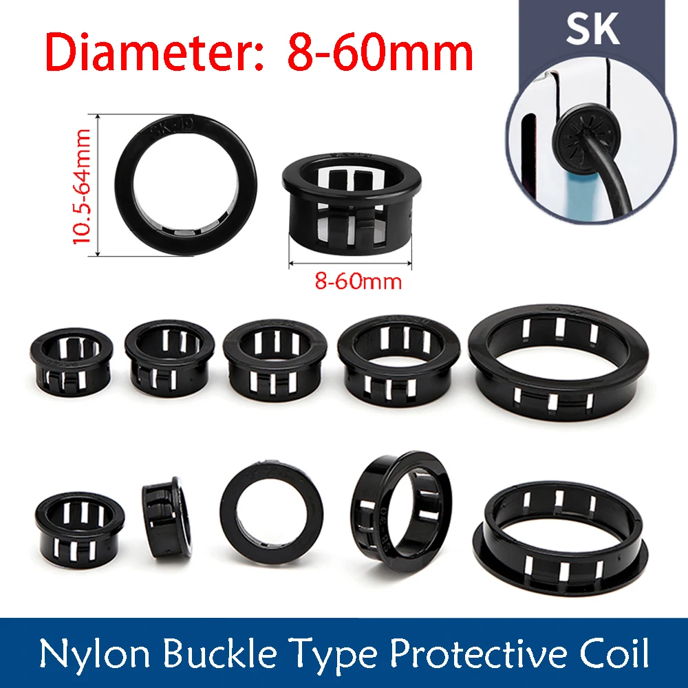 SK-8 To 60 Buckle Type Wire Guard Ring Nylon Round Cover Snap On Loop Sheath Threading Sleeve Cable Coil Plastic Hole Plug Cover