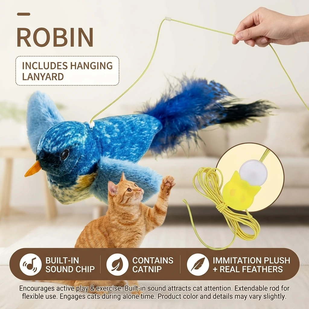 Simulations-Vogel-Katzenspielzeug Interaktives Katzenspielzeug mit realistischem Vogelgeräusch Plüsch-Katzenspielzeug Kratz- und Bissfestes Spielzeug