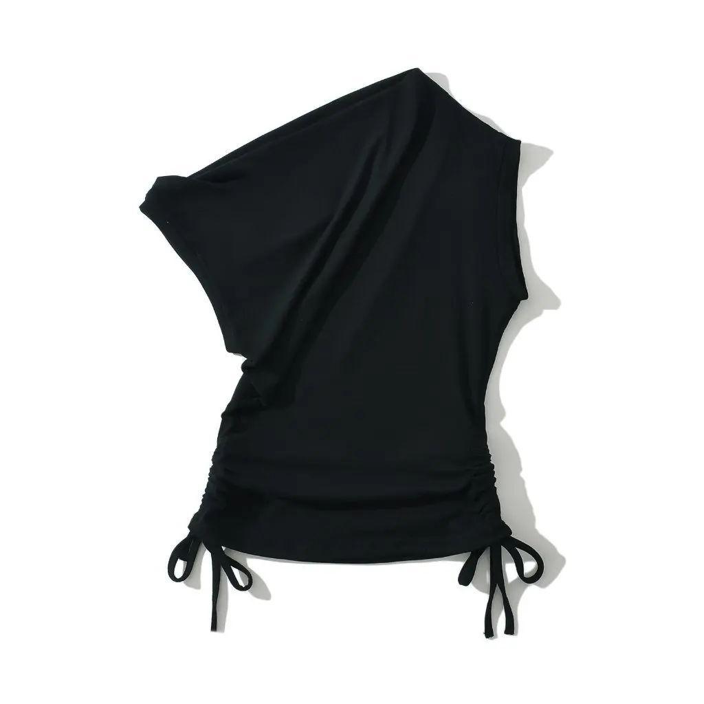 

Women's Off-Shoulder Pleated T-Shirt Irregular Sexy Short Top with Oblique Collar Design for Hot Girls New