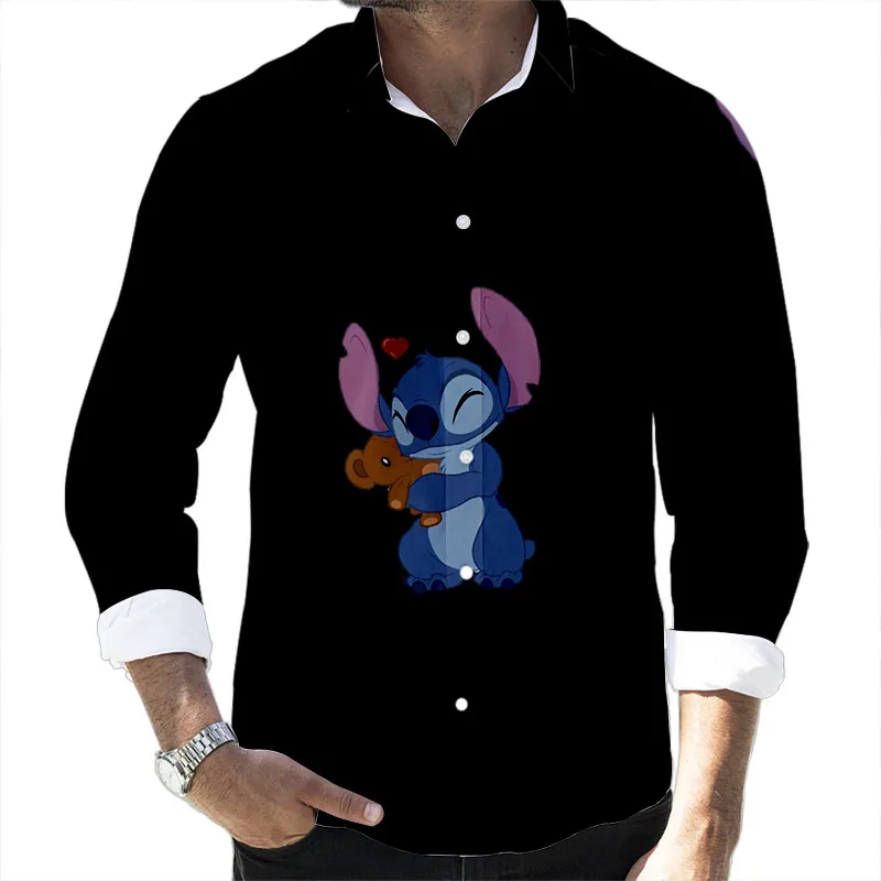 Fall Pop Disney Stitch and Mickey Collection Branded Cartoon Casual 3D Printed Long Sleeve Lapel Shirt Slim Fit Men\'s Top