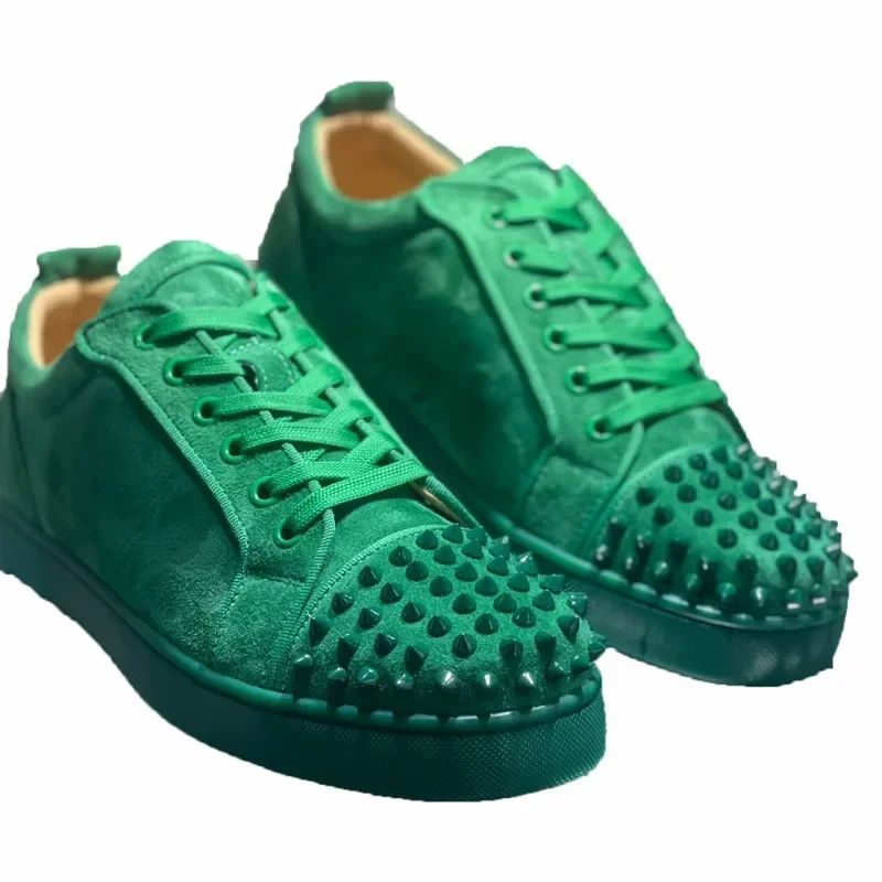 

Fashion Low Top Women Red Bottom Shoes For Men Luxury Trainers Driving Spiked Bar Rivets Toecap Green Suede Genuine Leather