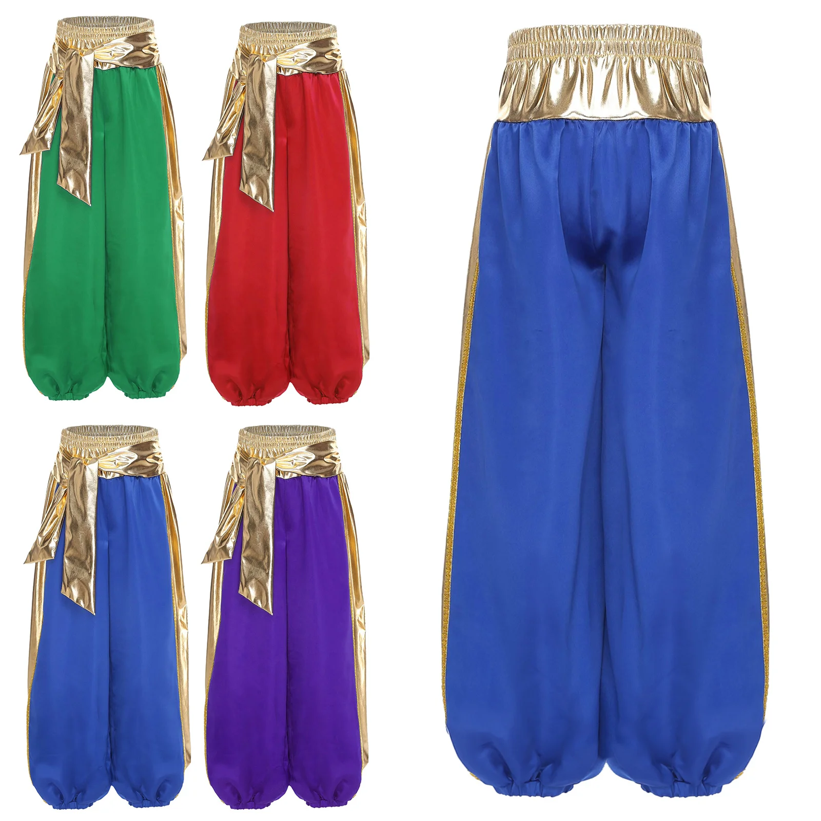 

Girls Boys Harem Pants Arabian Prince Cosplay Long Pants Metallic Shiny Patchwork Lantern Pants Bloomers for Halloween Dress Up