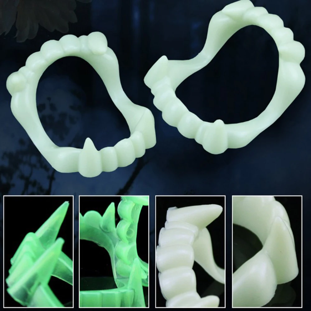 1PCS Luminous Vampire Fake Teeth For Halloween Party Night Glow Prop Masquerade Cosplay Funny Makeup Dentures DIY Decorations