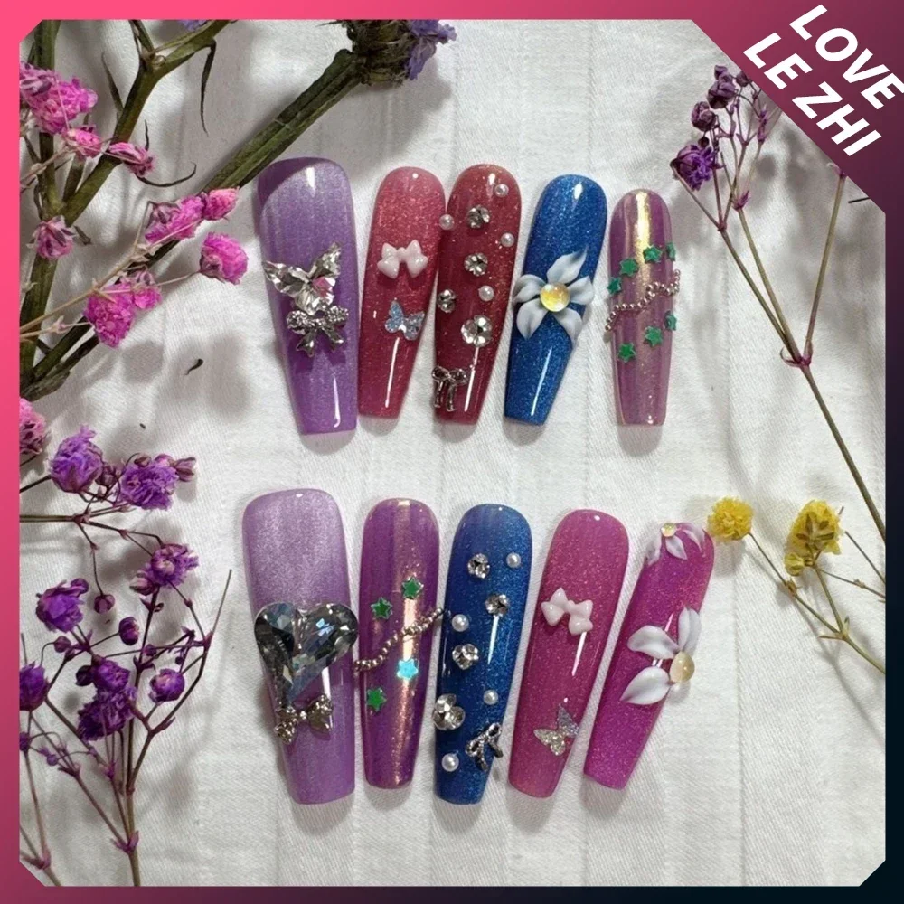 10Pcs Europe America 3D Cat Flowers Long Coffin Handmade Press On Nails Diamond Butterfly Pearl Rivets Bowknot Fake Nails