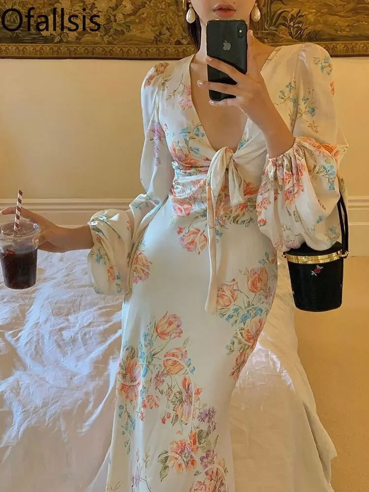 Ofallsis French Style High end Pure Desire Printed Dress 2024 Autumn Vintage Ladies Temperament Slimming Holiday Long Dresses