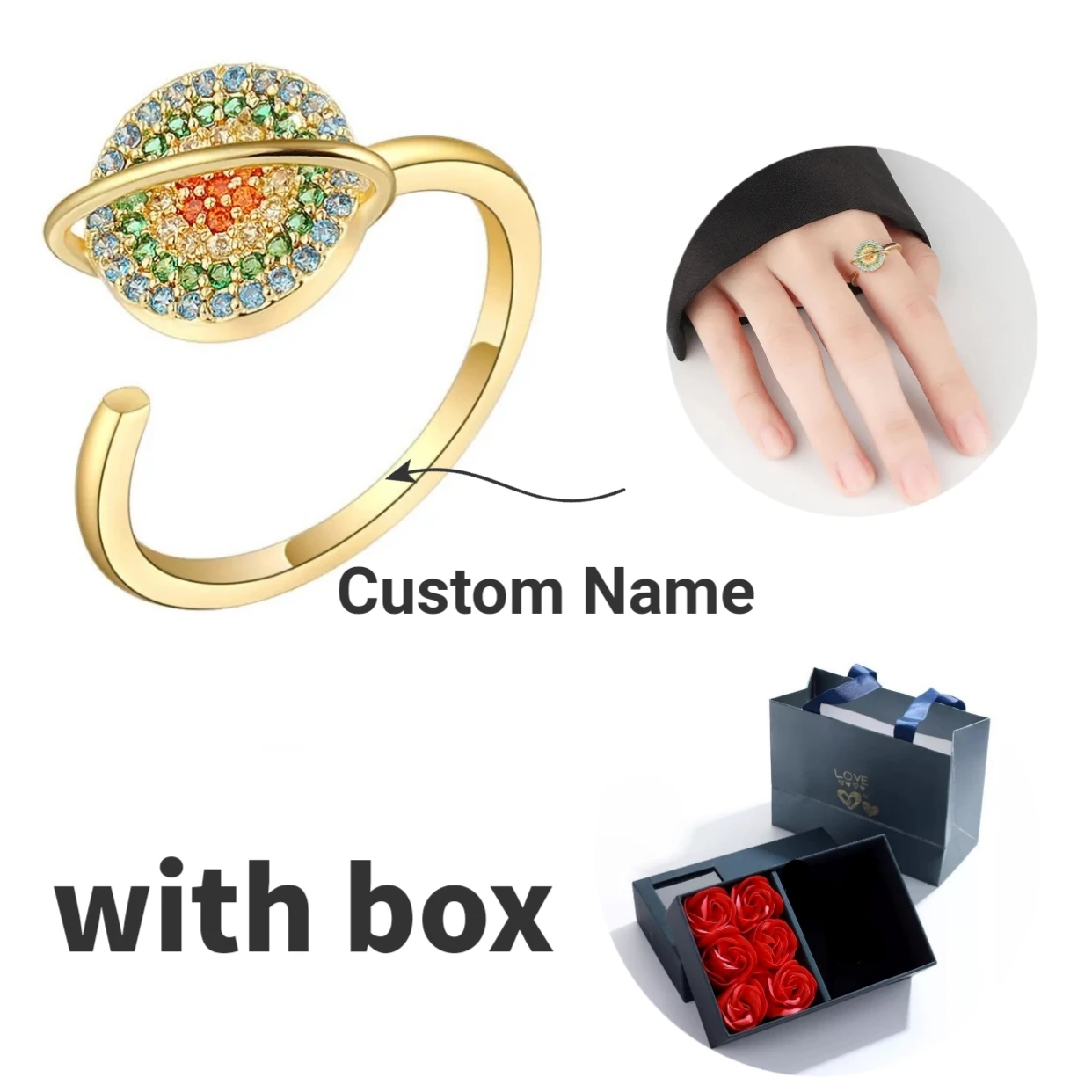 Custom Name Spinning Planet Fidget Ring 925 Silver for Women Valentine's Day Gift Adjustable Spinner Jewelry Free Rose Box