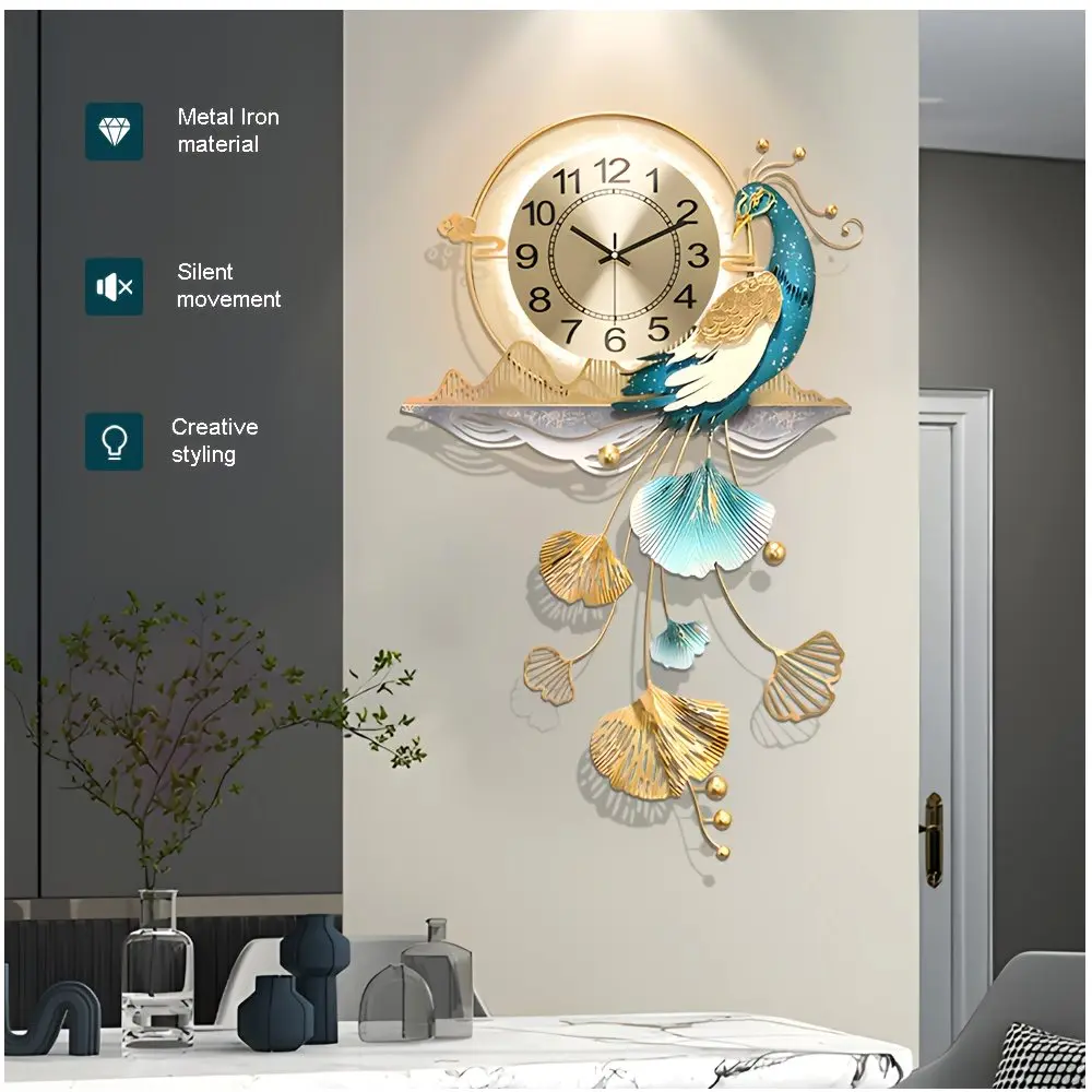 Large Peacock-Themed LED Wall Clock – 32.2 x 19.6 Inches Metal Decorative Clock with Silent Quartz Movement, Ideal for Living Ro