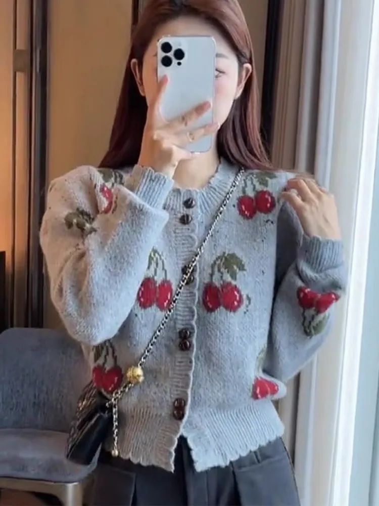 Cherry Jacquard Thicken Knit Cardigan Sweater Women Elegant Fashion Ladies Coat Tops 2024 Autumn Long Sleeve Female Jumpers