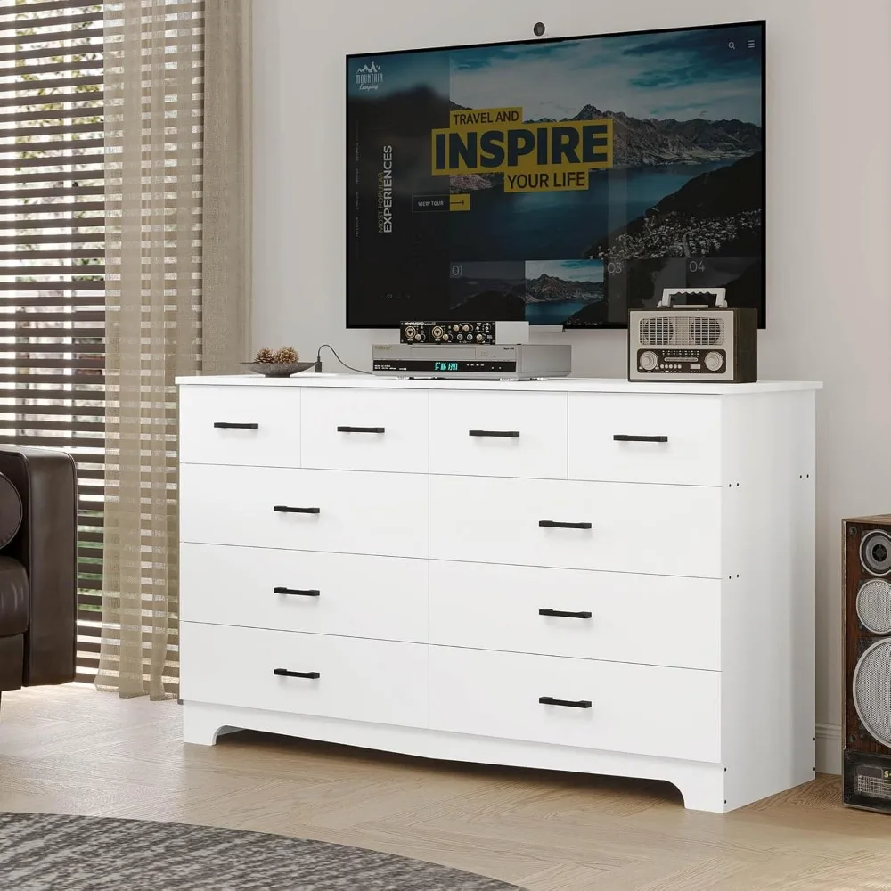 

10 Drawer Dresser for Bedroom, Large Chest of Drawers with Charging Station, 55.1'' Wide Storage Clothes Closet Organizer, Long