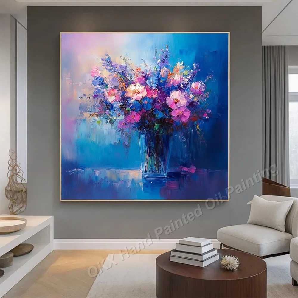 Handmade Dreamy Blue Background Vase Floral Palette Knife Oil Painting on Canvas Wall Art Decor for Living Room