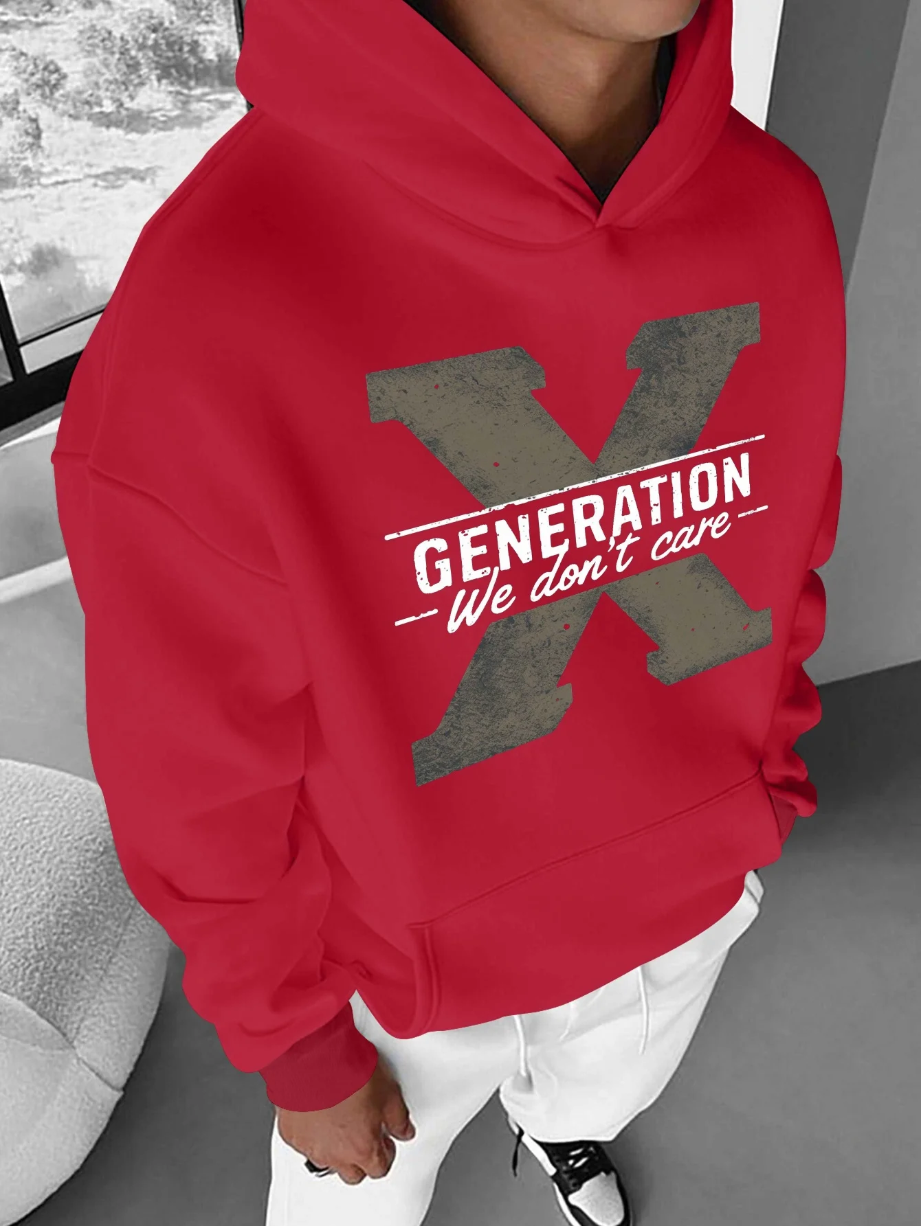 Sweat à capuche sport hip-hop pour homme, effet usé rétro, imprimé texte Génération X, style vintage tendance, coupe ample, pour le quotidien