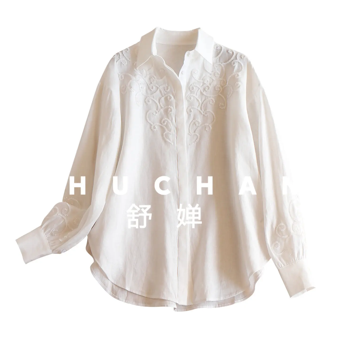 

Simple and Elegant High-style, Three-dimensional Bead Embroidery 100 Linen Long-sleeved Shirt Women's 21J4