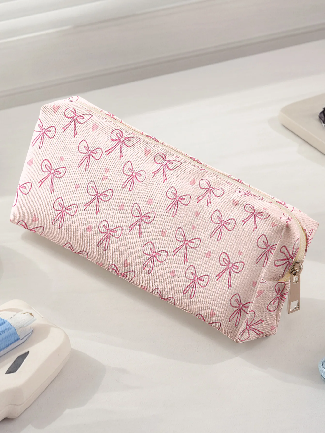 Cute Pink Bow Small Heart Print Zipper Pencil Bag Girls Student Stationery Pouch Portable Cosmetic Storage Case
