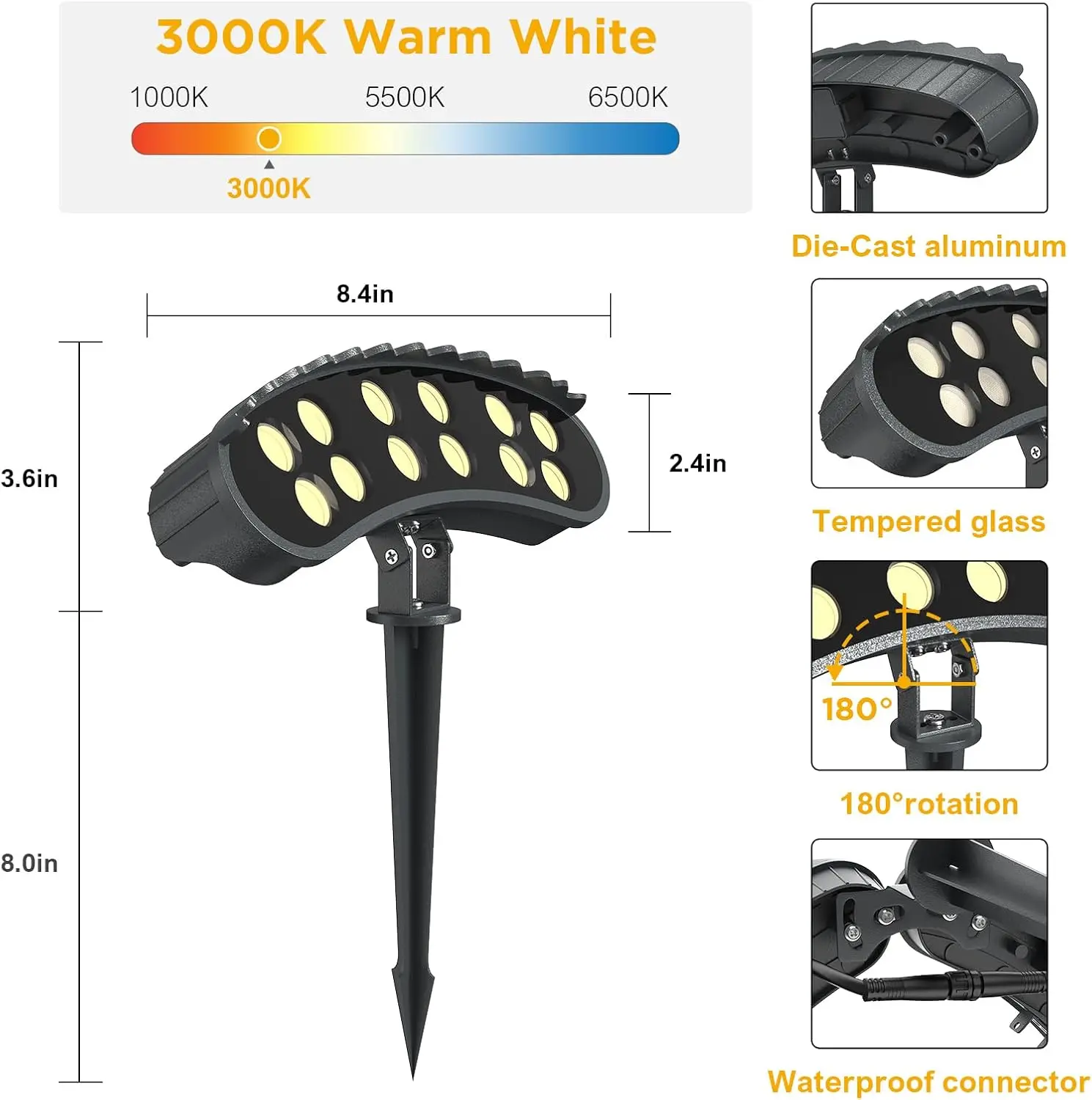 أضواء كاشفة من الألومنيوم مع قابس محول، إضاءة مناظر طبيعية ذات جهد منخفض، أضواء كاشفة خارجية، IP65، 48W، 60W، 72W، DC24V #5