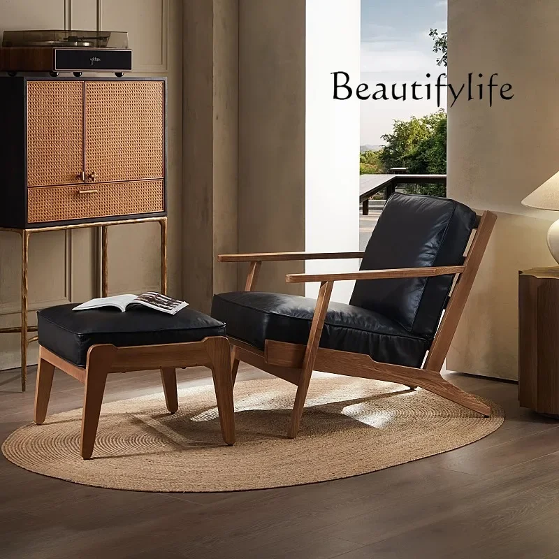 D29 Modern Simple Retro Oil Wax Leather Solid Wood Single Sofa Pedal Living Room Balcony Leather Leisure Recliner