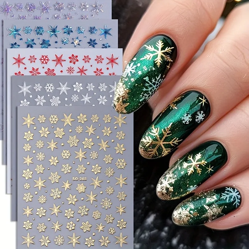 5 szt. świątecznych naklejek na paznokcie w kształcie płatków śniegu i gwiazd, łatwe w aplikacji do dekoracji paznokci DIY, na prezenty, imprezy i do stylizacji makijażu ślubnego.