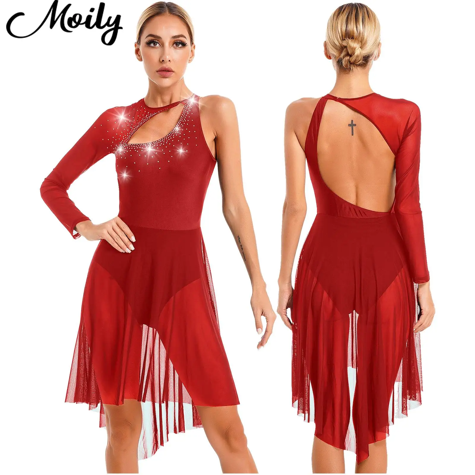 

Womens Long Sleeve Figure Skating Costume Lyrical Contemporary Dance Dress Glitter Rhinestone One Shoulder Cutout Leotard Dress